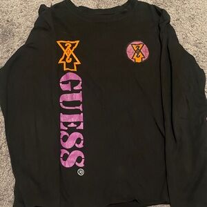 Vintage GUESS Black Long Sleeve Tee with Purple Logo and Orange Accents